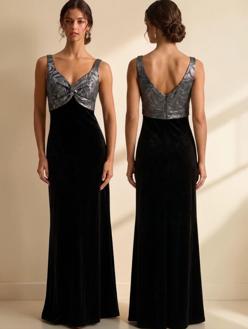 PATRA Silver Jacquard and Black Velvet Twist Front Evening Gown - Size 10